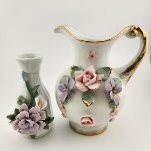 Vintage Floral Ceramic Pitcher and Vase Set with Gold Accents